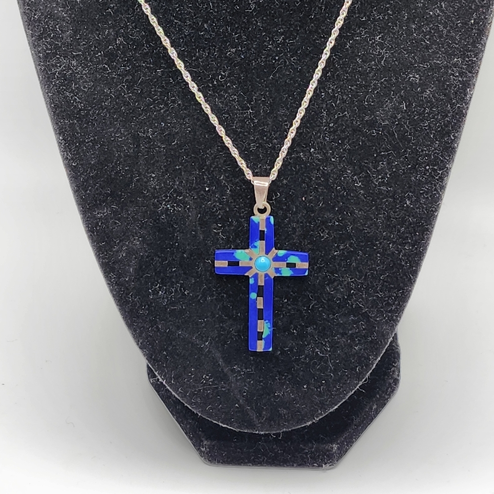 RARE TAXCO Mexico 925 TN-53 Cross Crucifix pendant necklace w inlay turquoise